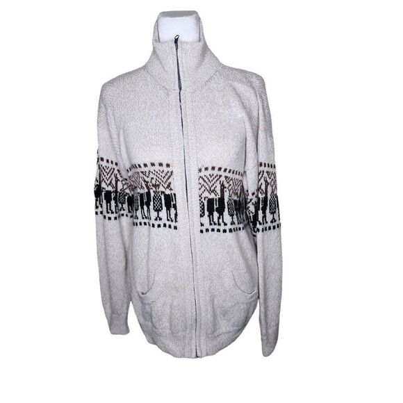 Vintage 80s Artesanias Peru Alpaca Zip Up Cardigan Sweater Womens Size L Brown - Picture 1 of 8